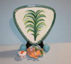 Painted Serving Tray with Fritz and Floyd Leaf Dish and Lefton Dish, Including a Salt and Pepper Description