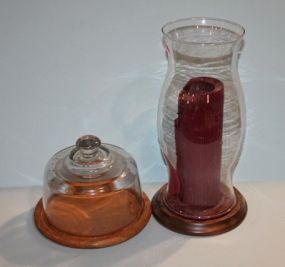 Covered Cake Plate with Glass Dome and Wooden Plateau and Hurricane Shade Candle Holder Description