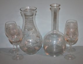 Four Etched Wine Glasses with Two Etched Vases Description