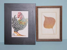 Two Framed Pictures of Rooster and a Leaf Description