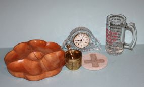 Quartz Clock, Brass Cup, Wooden Dip Plate and Coaster Description