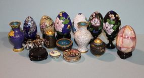 Group of Cloisonne Eggs, Small Vases, and Two Glass Eggs and Salt and Pepper Description