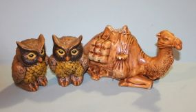 Two Ceramic Owl Figurines and Ceramic Camel Figurine Description