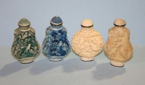 Group of Four Vintage Carved Snuff Bottles with Snuff Spoons Description