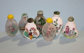 Group of Seven Hand Painted Oriental Stuff Bottles with Snuff Spoons Description