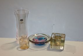 Bohemia Vase, Art Glass Bowl and Two Green Glass Pieces Description