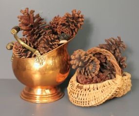Basket and Brass Planter with Pine Cone Decorations Description