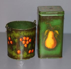 Two Green Decorative Containers With Fruit Design Description