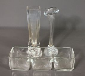 Two Clear Glass Bud Vases and a Three Sectioned Clear Glass Dip Tray Description