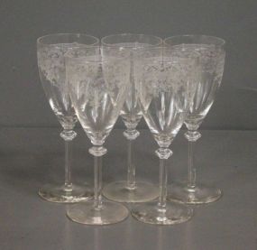 Set of Five Clear Stemmed Wine Glasses with Etched Vine Design Description