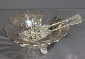 Glass Footed Bowl with Silver Inlay and Silverplate Serving Tongs Description