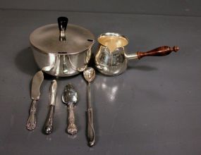 Silverplate Covered Pot, Silverplate Creamer with Wooden Handle and Four Serving Utensils Description