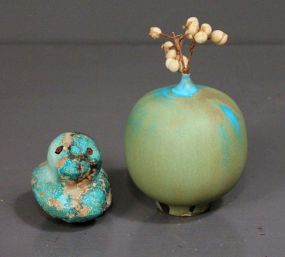 Cabat Pottery Apple and Painted Stone Bird Carving Description