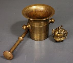 Brass Mortar and Pestle and Decorative Brass Jar with Lid Description