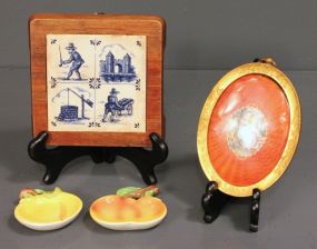 Wooden Framed Coaster, Two Fruit Shaped Saucers and Oval Victorian Style Picture Description