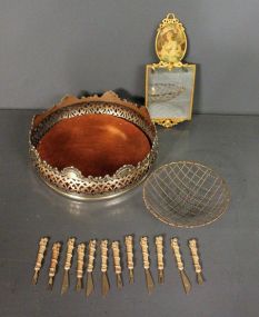 Group of Two Dish Decorations, Decorative Mirror and Set of 12 Flatware Pieces Description