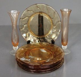 Group of Amber Colored Depression Glass Salad Plates and Two Bud Vases Description