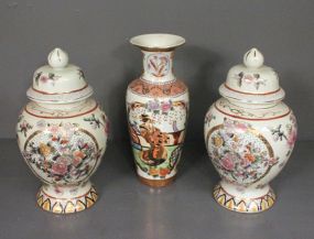 Two Hand Painted Ginger Jars and One Hand Painted Oriental Vase Description