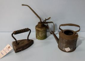 Grease Can, #6 Flat Iron & Small Tin Teapot