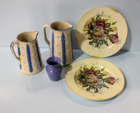 Two Pottery Pitchers, Small Blue Vase & Two Hand Painted Plates