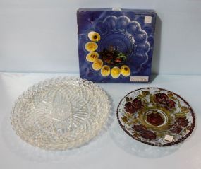 Egg Plate, Goofus Plate & Two Lead Crystal Tray