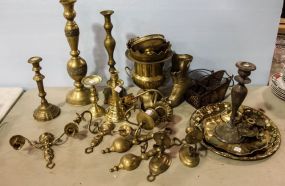 Large Brass Candlesticks, Several Pairs of Sconces, Pots & Trays