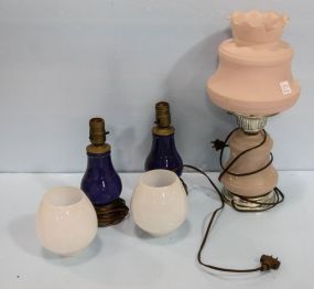 Pink Parlor Lamp & Two Small Blue Glass Lamps