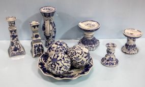 Blue and White Porcelain Candlesticks, Plate & Three Balls