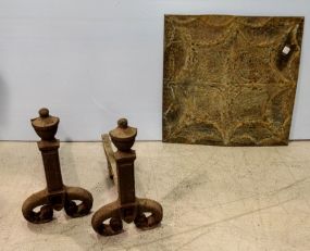 Pair of Iron Andirons & Pressed Tin Panel