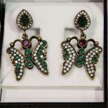 Genuine Emerald Sterling Silver Butterfly Estate Earrings