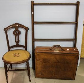 Eastlake Side Chair, Antique Drying Rack & Leather Suitcase