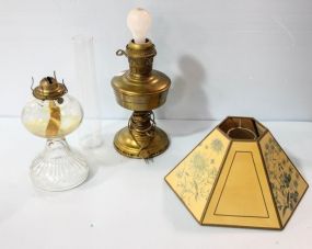 Brass Lamp with Paper Shade & Glass Oil Lamp
