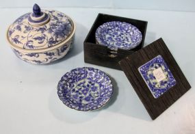 Covered Blue and White Covered Dish & Five Dishes in Box