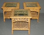 Three Wicker End Tables with Glass Inserts Description
