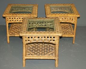 Three Wicker End Tables with Glass Inserts Description