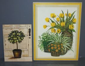 Floral Print in Yellow Frame and Painted Wood Block Description