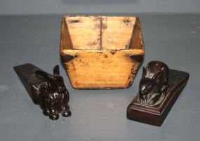 Two Mahogany Rabbit Door Stops and Indo Antiqued Box Description