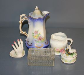 Group of Four Ceramic Items and Clear Glass Trinket Box Description