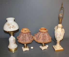 One Milk Glass Lamp with Floral Design, One Porcelain Lamp with Floral Design and Pair of Small Lamps Description