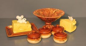 Four Covered Stoneware Potpourris, Two Covered Dishes with Mouse and Cheese Design and one Ceramic Compote Description