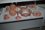 Pink Depression Glass Candle Holder, Sectional Dish, Bowl, Lamp Shade and Candle Holder Description