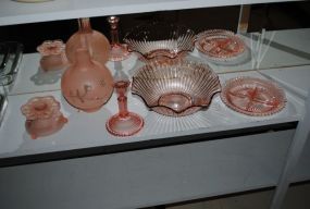 Pink Depression Glass Candle Holder, Sectional Dish, Bowl, Lamp Shade and Candle Holder Description
