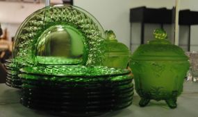 Set of Nine Green Depression Glass Plates and a Green Covered Trinket Container with Grapevine Design Description