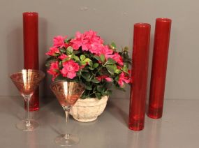 Three Ruby Vases and Two Decorative Martini Glasses Description