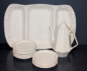 Bloomingdale Three Section Divided Tray, White Coffee Pot and White Saucers Description
