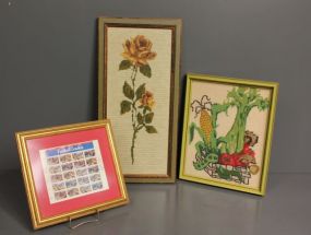 Needlepoint Art and Framed Postage Stamp Art Description