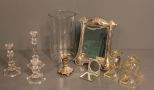 Crystal Candlesticks and Silverplate Framed Mirror Description