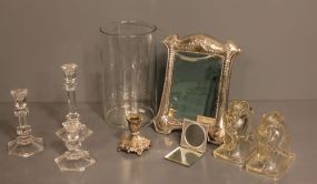 Crystal Candlesticks and Silverplate Framed Mirror Description