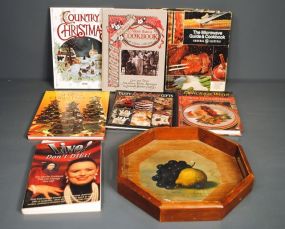 Group of Cookbooks and a Wooden Tray Description