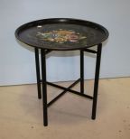 Vintage Large Hand Painted Round Metal Tray with Bamboo Style Table Base